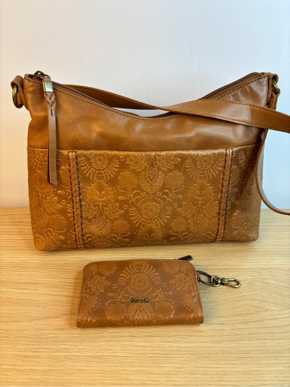The Sak Floral Tobacco Color Embossed Leather Crossbody Bag Wallet Set NWOT